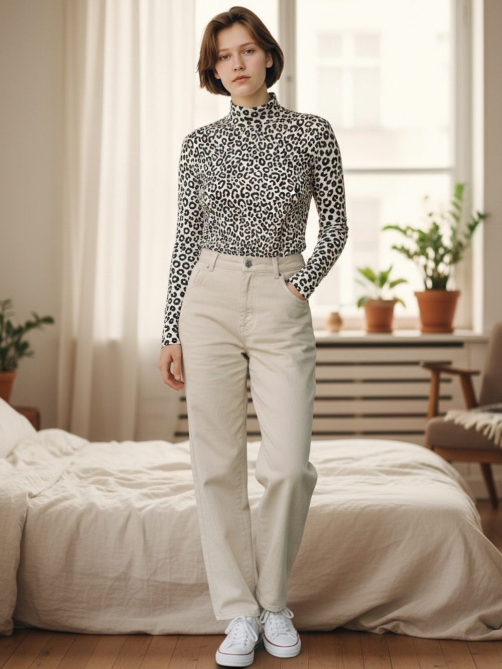 LOFT Black & White Leopard Print Turtleneck Blouse L